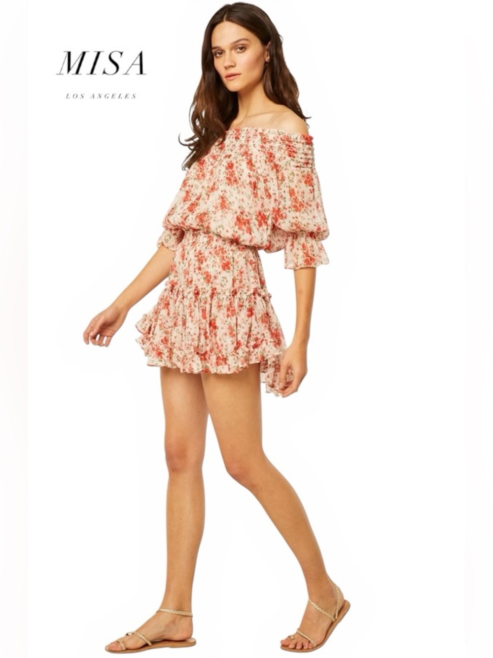 MISA Los Angeles Darla Poppy Allover Floral Mini Dress in Blush w/ Coral Roses